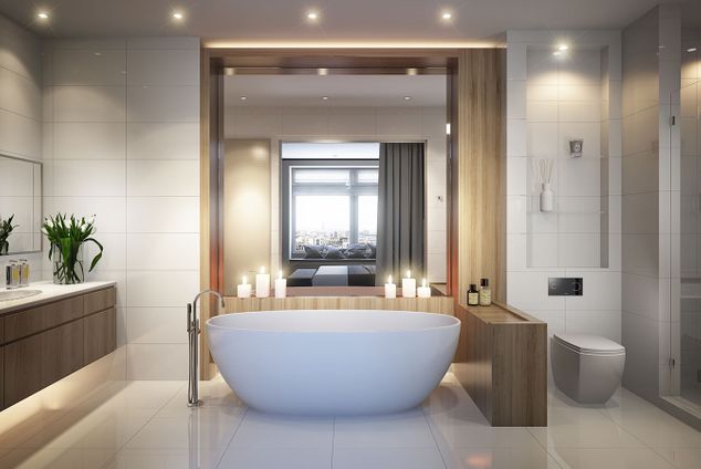 A stylish bathroom with mirror feature